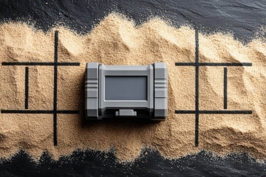 Engaging tactile balance, a gray game controller positioned atop fine sand forming a playful tic-tac-toe grid, inviting nostalgic interaction and strategic thinking