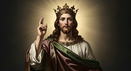 Jesus Christ wearing a royal crown, with a blessing gesture, illuminated by divine light, representing the solemnity of Christ the King. Spiritual regal presence.