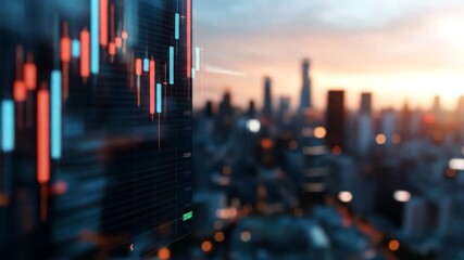 Financial candlestick chart displayed with blurred urban cityscape at sunset - Powered by Adobe