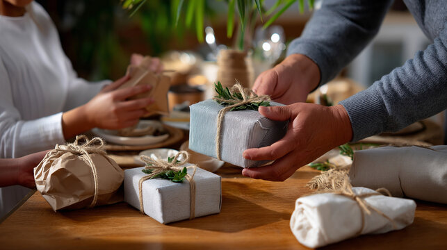 Faceless family preparing small zero-waste gift sets for donation, kraft paper and organic fabrics visible on table, with copy space.