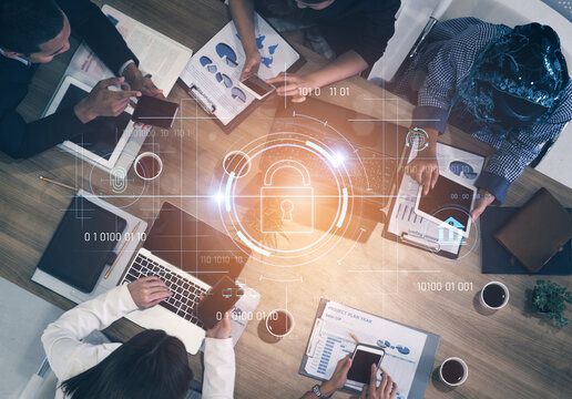 Cybersecurity system interface with biometric lock and data protection. Cybersecurity protects access, identity, cyber security prevents threats, and cyber security supports digital systems. Vouch - Powered by Adobe