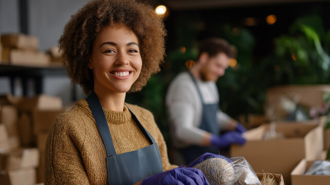 Faceless volunteers smiling while sorting donated sustainable items, warm-toned background and natural textures, with copy space.