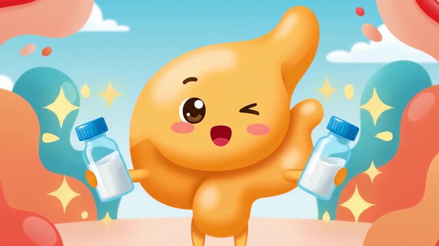 Cartoon stomach character presenting bottles of milk with cute expressions