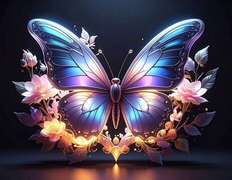 leuchtender irisierender Schmetterling - umgeben von Blumen und Bl&uuml;ten - schwarzer Hintergrund