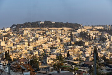 Obraz premium Jerusalem, Israel, 9 October 2025, A view of the densely packed, sun-drenched stone houses and buildings of a historic city, built into a hillside, with a prominent hilltop covered in dark trees .