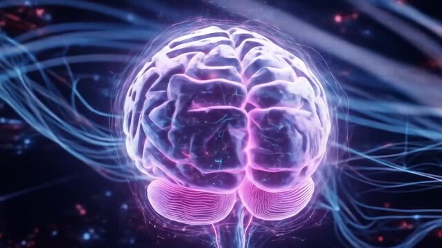 Human Brain Illuminated with Neural Pathways A Conceptual Illustration of Thought Processes