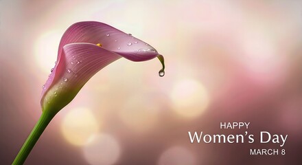 Global Women's March eighth celebration, congratulatory message with elegant pink Calla blossom, glistening water drops, soft bokeh.