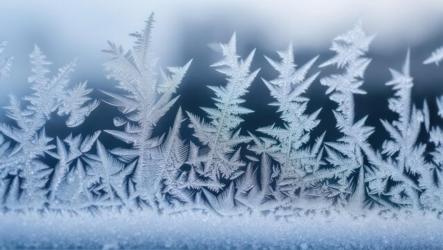 Intricate ice crystals pattern on window surface against blur background