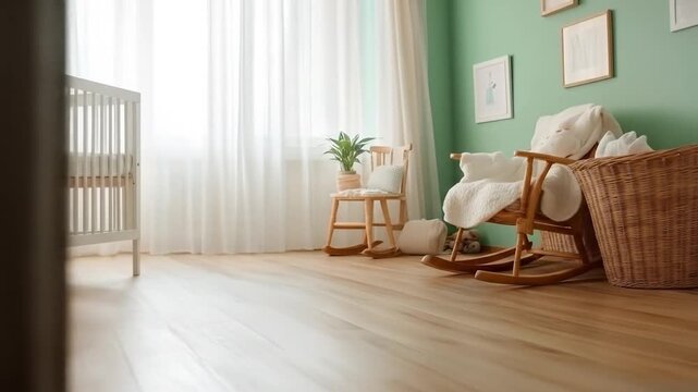 Peaceful baby nursery interior with white crib and natural light