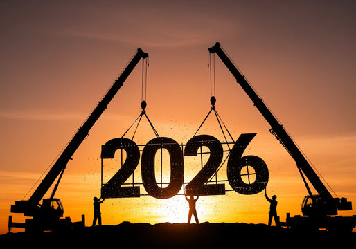 workers lifting metal numbers 2026 with cranes black silhouette celebration theme