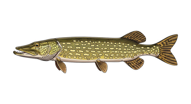 Detailed illustration of a northern pike fish on a black background