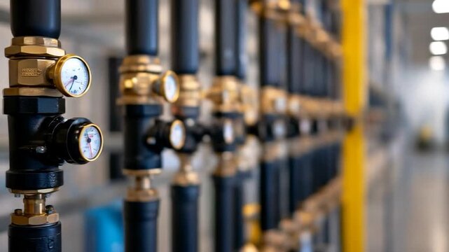 Modern industrial piping system with brass fittings and pressure gauges in a utility room or manufacturing facility infrastructure