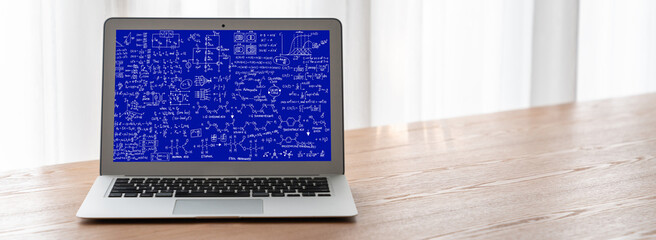 Mathematic equations and modish formula on computer screen showing concept of science and education