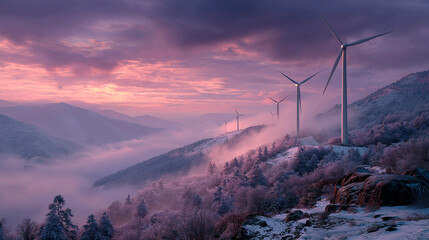 Photorealistic view of wind turbines on snowy hills under dramatic clouds, representing renewable energy production, sustainability, and eco-friendly power generation in winter landscapes.