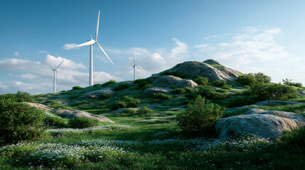 Wind turbines stand on a snowy mountain slope at sunrise, surrounded by frosty trees and soft morning light. Concept of clean renewable energy and sustainable power generation in winter nature