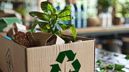 A young plant is nestled in a recycled box filled with paper scraps. Sunlight streams through large windows, illuminating the environmentally conscious workshop space