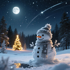 Obraz premium Une nuit d’hiver féerique avec un bonhomme de neige souriant sous la lune et des étoiles filantes dans une forêt enneigée.