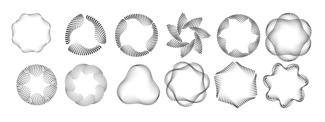 Obraz premium Set of circular halftone dot rings. Concentric motion lines and spiral speed shapes for technology logo, rotation effect, or futuristic vector design.