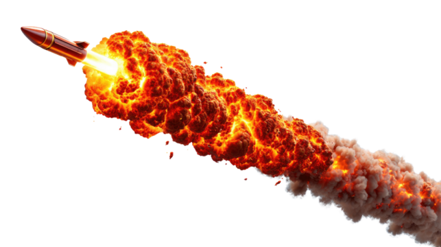 Rocket Launch and Fiery Ascent: A dynamic display of power and progress as a rocket launches into the vast expanse, trailing a blazing plume of fire and smoke. Witness the awe-inspiring journey.