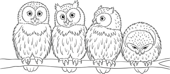 Four cartoon owls sitting together on a branch isolated on white background