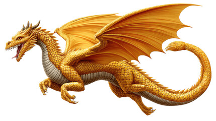 Fototapeta premium Majestic Dragon in Flight: A magnificent dragon with shimmering golden scales soars gracefully through the air, embodying power, myth, and the boundless freedom of imagination.