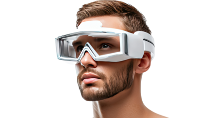 Futuristic Goggles: A close-up view captures a man wearing futuristic goggles, showcasing the cutting-edge of technology and the immersive experience.