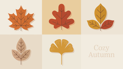 Fototapeta premium Various stylized autumn leaves, including maple and ginkgo, arranged in a grid with warm, muted colors creating a cozy seasonal aesthetic, perfect for design projects celebrating fall.