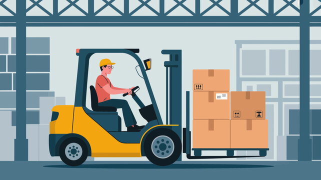 Man wearing a hard hat driving a forklift truck carrying stacked cardboard boxes inside a warehouse, logistic, shipping, delivery concept, industrial setting