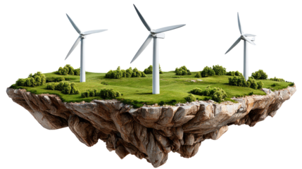 Renewable Energy Island: A futuristic island showcases the harmonious integration of renewable energy, featuring wind turbines generating clean power amid a verdant landscape.