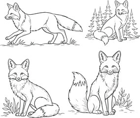Four line art illustrations of foxes isolated on white background