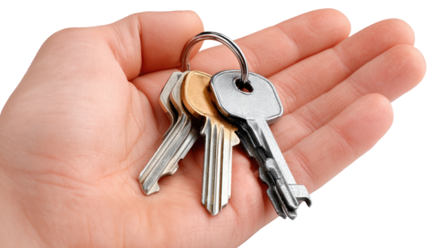 Keys in Hand: A close-up shot of a hand holding a set of keys, the metallic glint and intricate details of the keys evoke feelings of security, opportunity, and new beginnings.