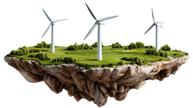 Renewable Energy Island: A futuristic island showcases the harmonious integration of renewable energy, featuring wind turbines generating clean power amid a verdant landscape.