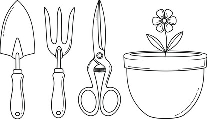 Gardening tools and flower pot isolated on white background