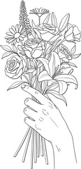 Hand holding a bouquet of flowers isolated on white background