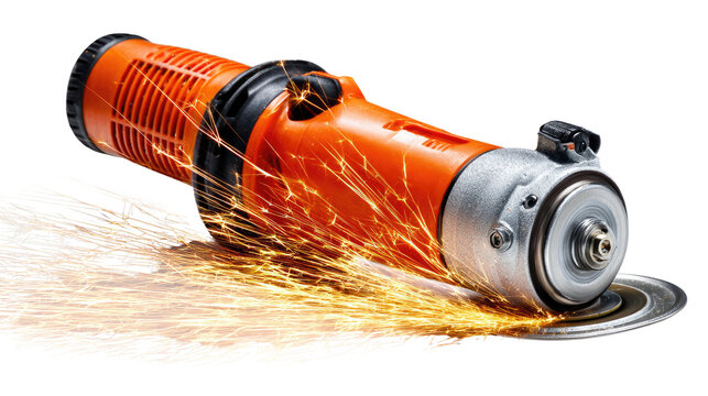 Industrial Precision: A close-up shot of an angle grinder in action. The tool, in vibrant hues of orange and metallic gray, is captured mid-operation, with sparks emanating from its spinning disc.