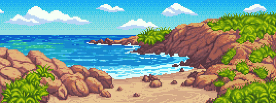 Pixel Art Secluded Rocky Coastline Beach with Cliffs and Blue Ocean
