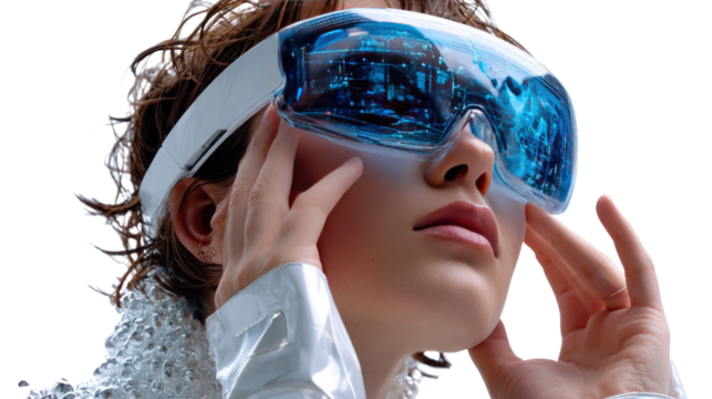 Vision of Tomorrow: A person adorned with futuristic eyewear gazes upwards, symbolizing technological advancement and forward-thinking innovation.