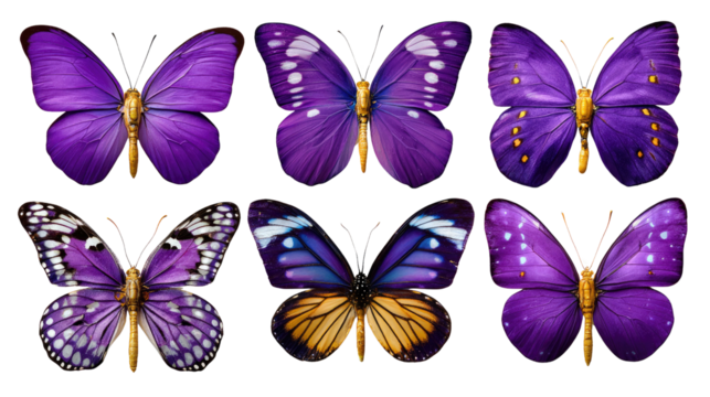 Purple Butterflies Showcase: A vibrant display of six meticulously captured butterflies in various shades of purple, showcasing their unique patterns and textures.