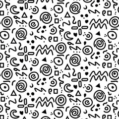 Abstract black and white doodle pattern with geometric shapes and swirls
