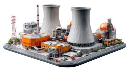 Nuclear Power Plant Model: A detailed, meticulously crafted model of a nuclear power plant. Depicting the core structures, towers, and surrounding infrastructure.