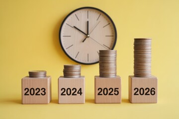 Yearly profit growth timeline from 2023 to 2026 with stacked coins and clock in background