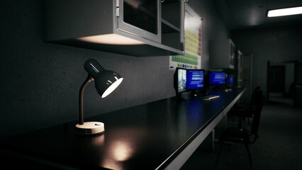 A desk lamp casts warm light onto a sleek black table. Multiple screens glow softly in the background, illuminating a workspace filled with quiet technology at night.