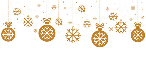 Festive golden and brown Christmas decorations with hanging snowflakes and baubles featuring snowflake patterns. Elegant holiday design on a white background, ideal for seasonal celebrations