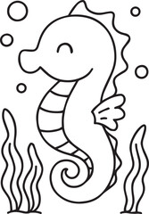 Sea Horse Under Water Elegant Ocean Creature Simple Beautiful Drawing Art COLORING PAGE OUTLINT LINR ART