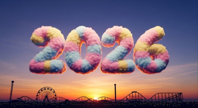 The year 2026 is represented by fluffy, colorful numbers floating in the sky above an amusement park at sunset.