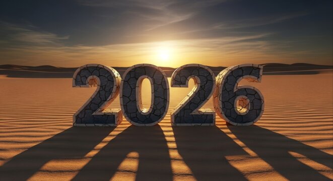 The year 2026 is represented by large, textured numbers casting long shadows on a sandy desert landscape at sunset.
