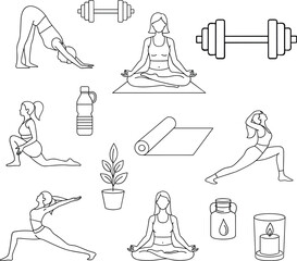 Yoga poses and fitness equipment line art isolated on white background