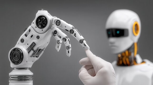 Humanlike robotic hand prepares to connect with delicate human finger demonstrating technological evolution in artificial intelligence and human interaction in a sci-fi landscape