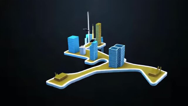 Abstract 3D animation showcasing a logo evolving into a vibrant cityscape with geometric shapes, illustrating transformation and creativity through dynamic camera movements