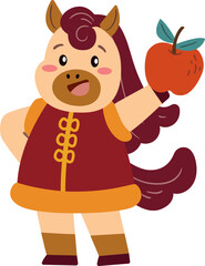 Cute horse character holding red apple for Chinese New Year